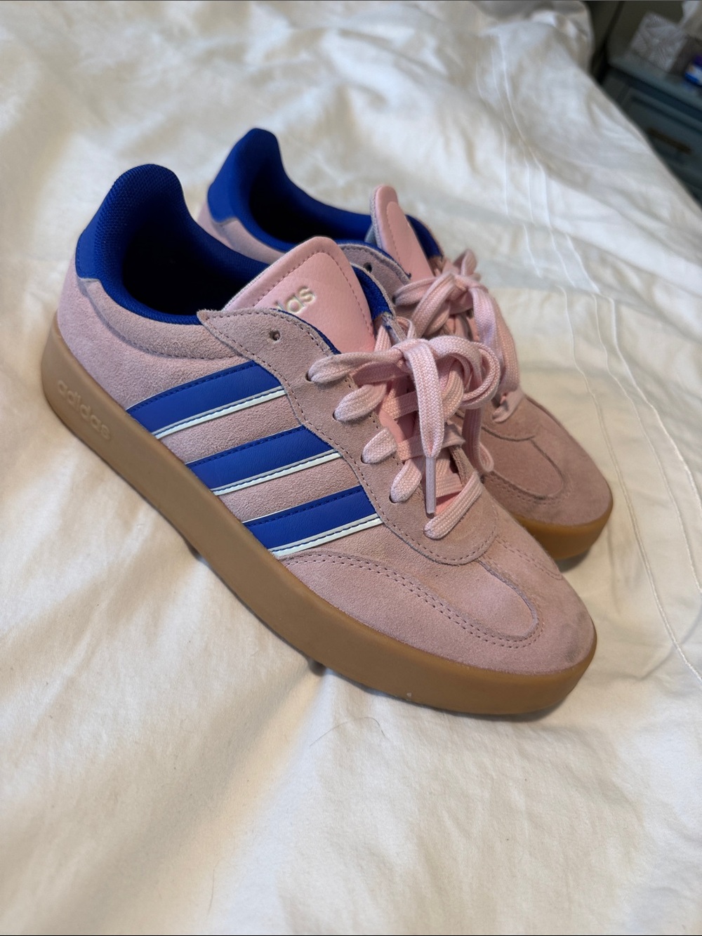 adidas Pink Suede Sneakers with Blue Stripes and Gum Sole